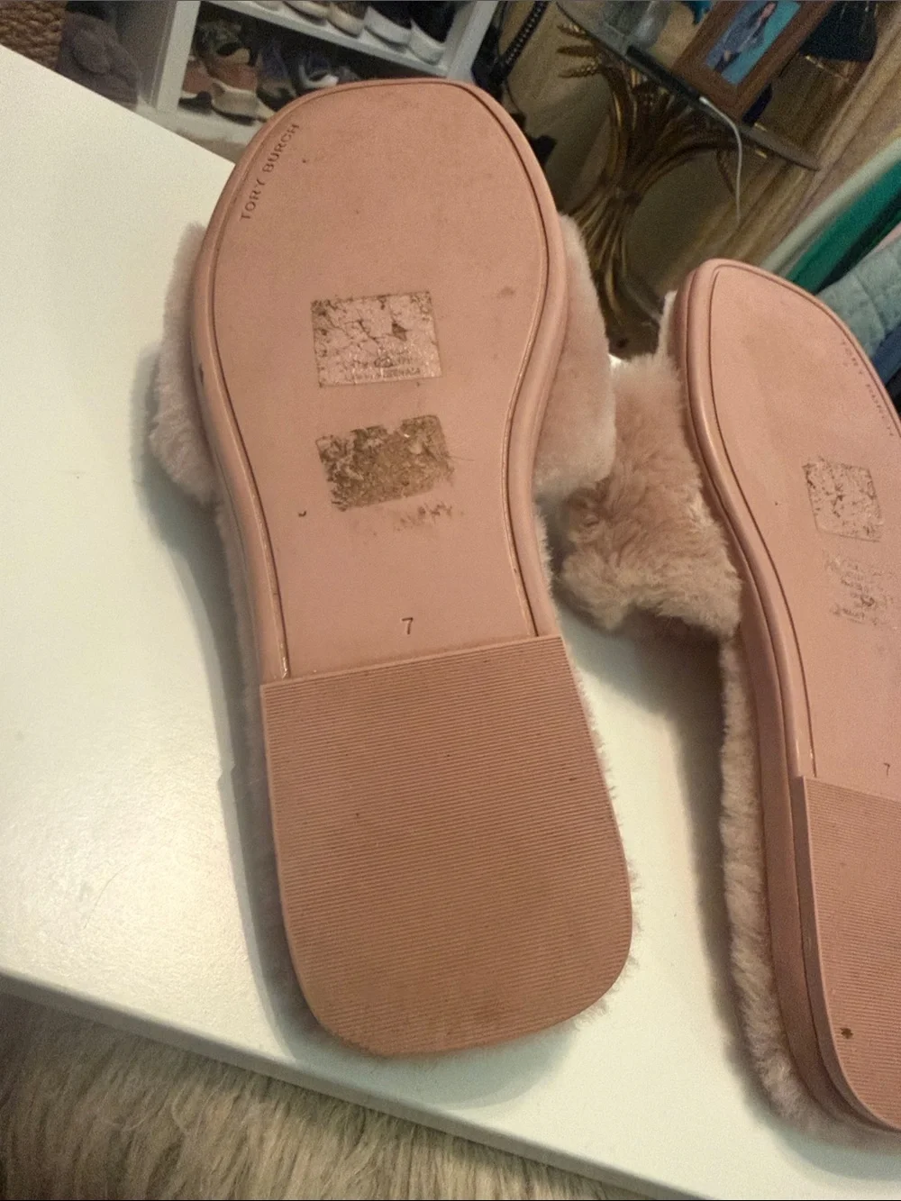 Tory Burch Embellished Pink Faux-Fur Slide Sandals